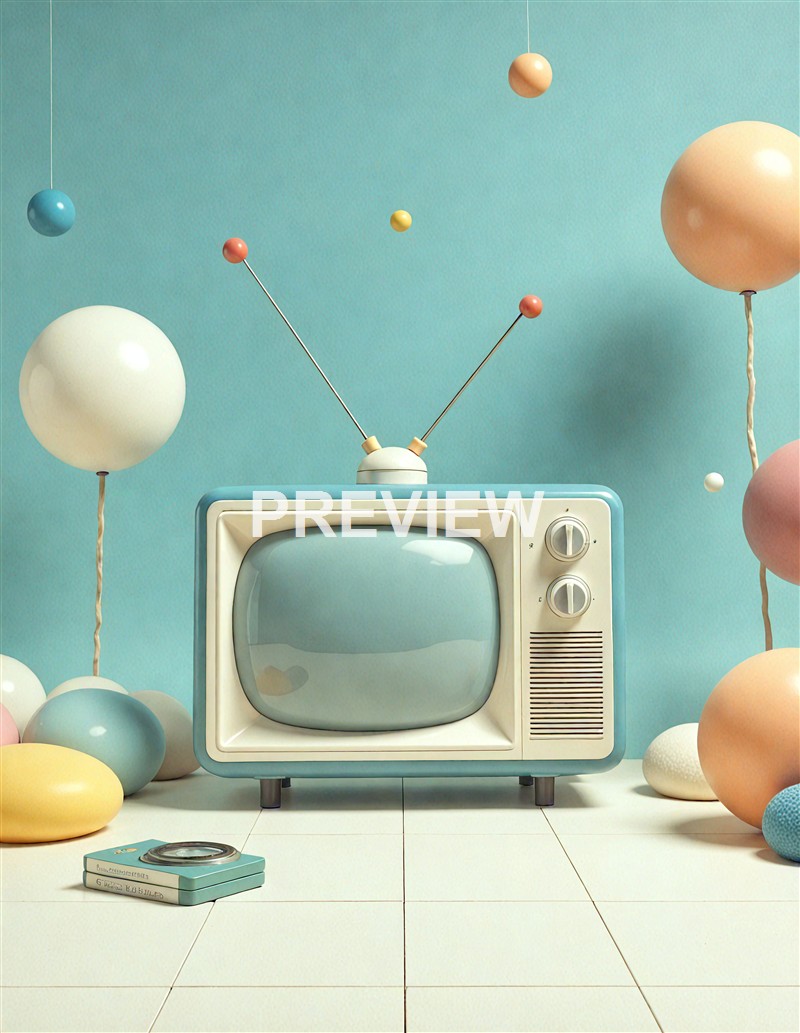 A vintage television set with a rounded screen and two dials, surrounded by colorful balloons and a teal background, creating a playful and retro scene.